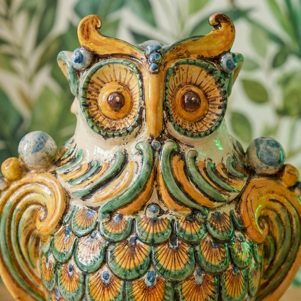 Gufo h 30 verde/arancio - Animali in ceramica