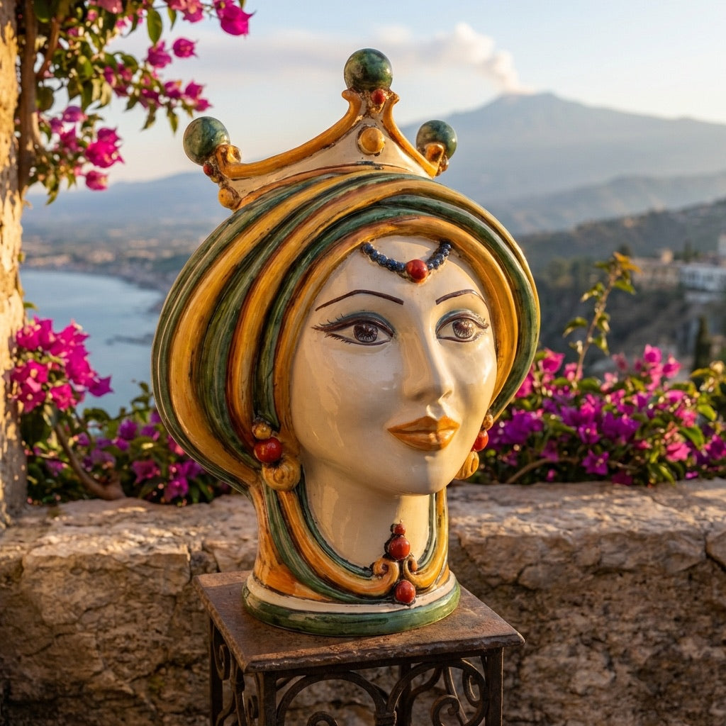 Testa di moro h 30 in verde e arancio donna in Ceramica di Caltagirone