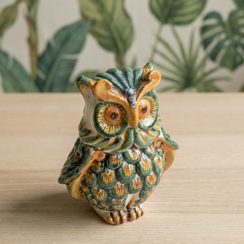 Gufo h 15 verde/arancio - Animali in ceramica