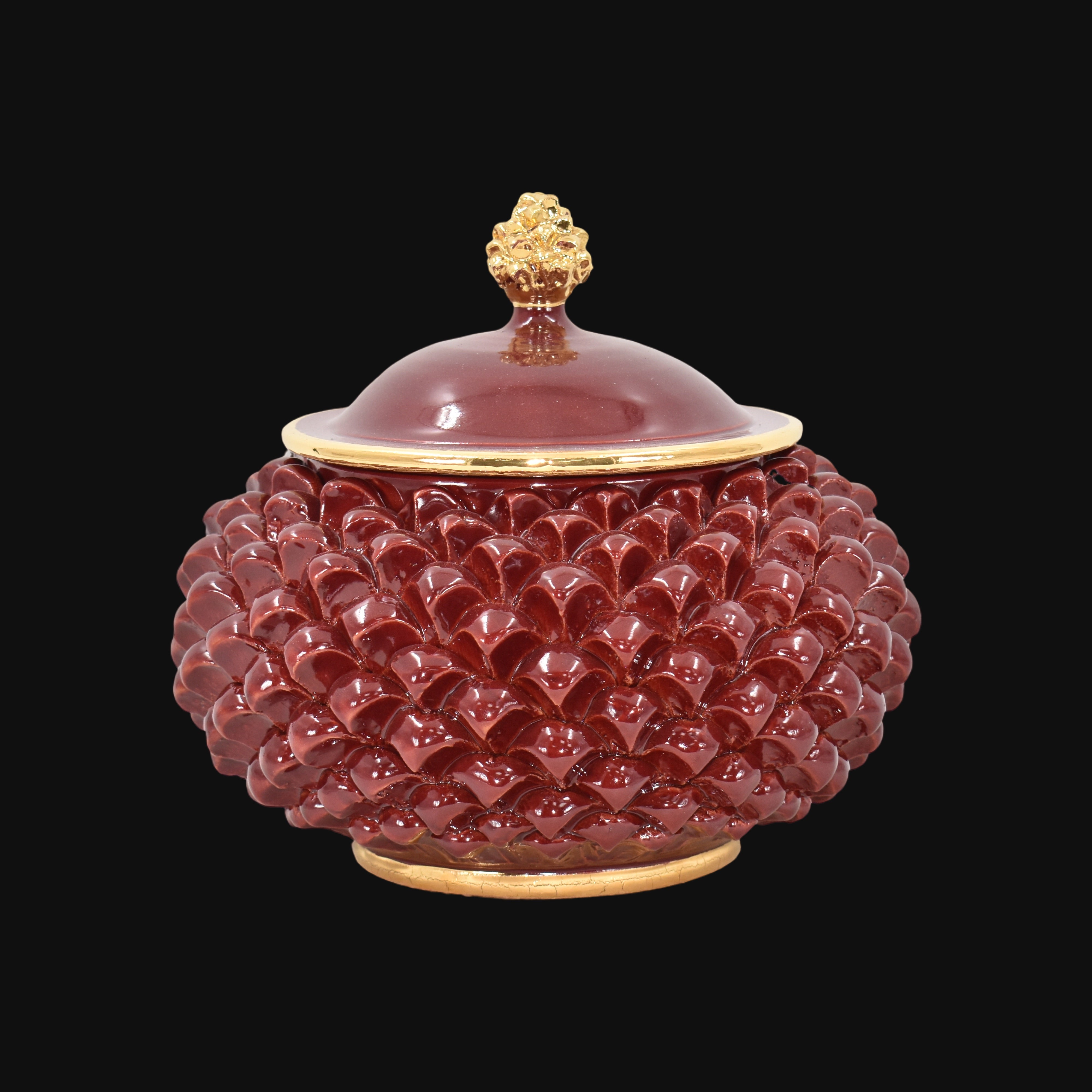 Biscottiera a Pigna in Ceramica di Caltagirone Ø 20 cm - Bordeaux e Oro