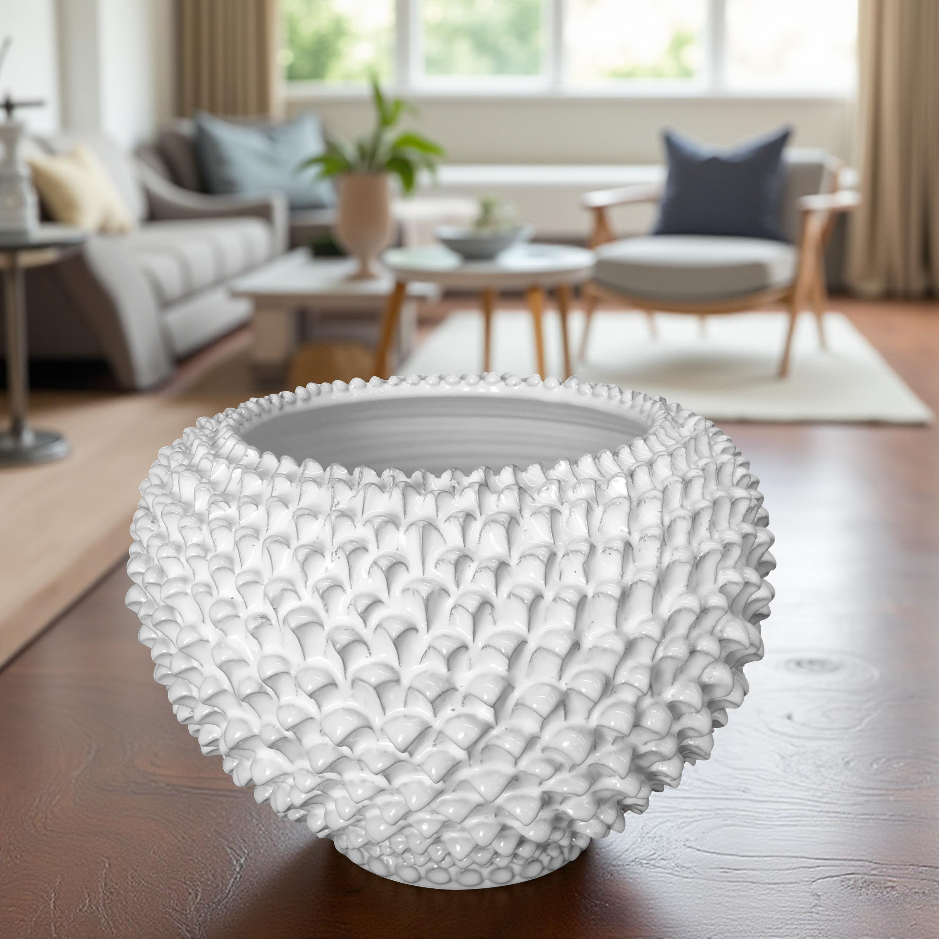 Cachepot a pigna white line in ceramica artigianale di Caltagirone - Ceramiche di Caltagirone Sofia