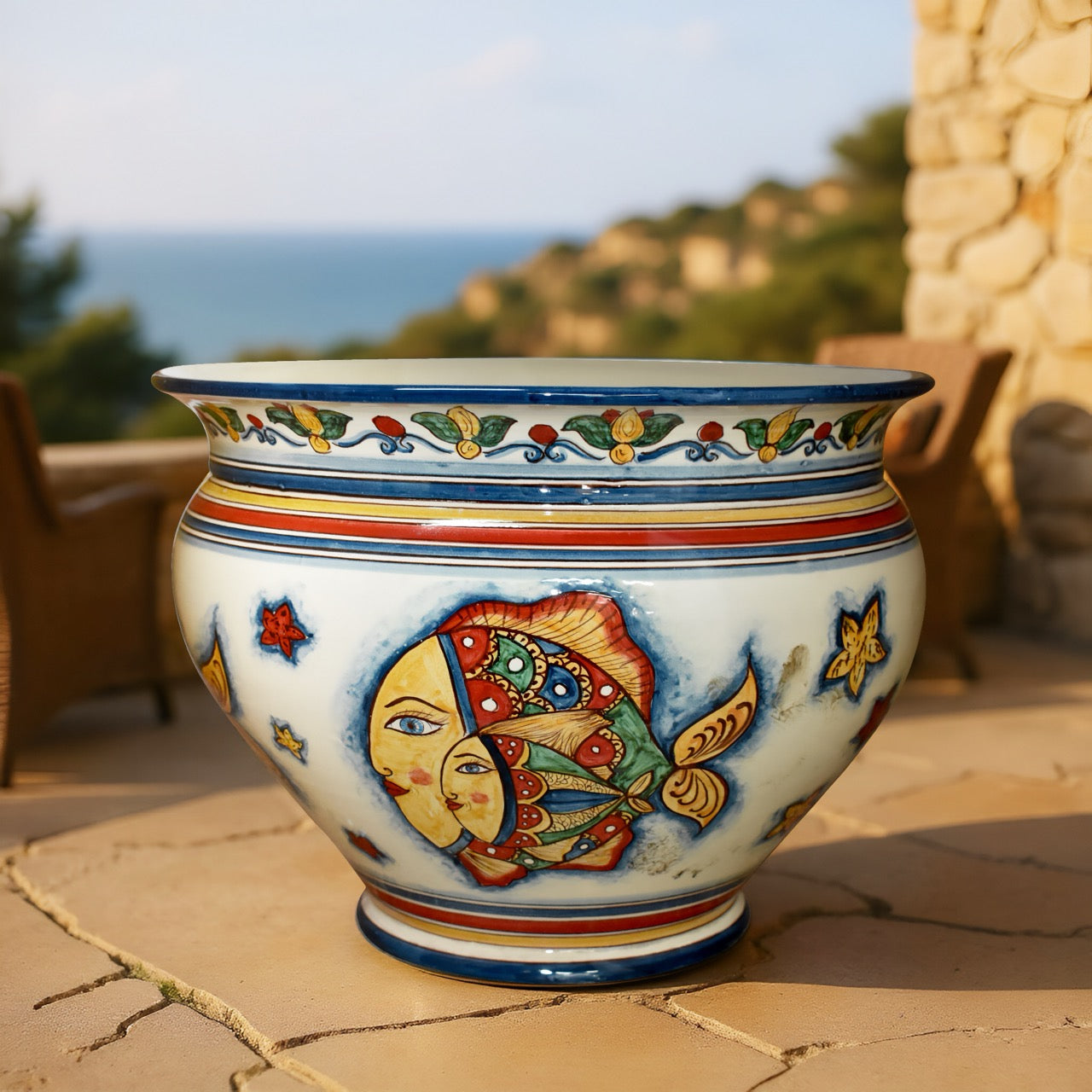 Cachepot decoro Pesci in ceramica siciliana di Caltagirone