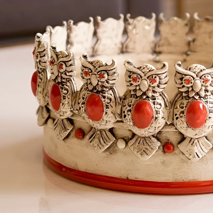 Centrotavola Ø 22 con gufi madreperla antichizzato rosso - Ceramiche di Caltagirone Sofia