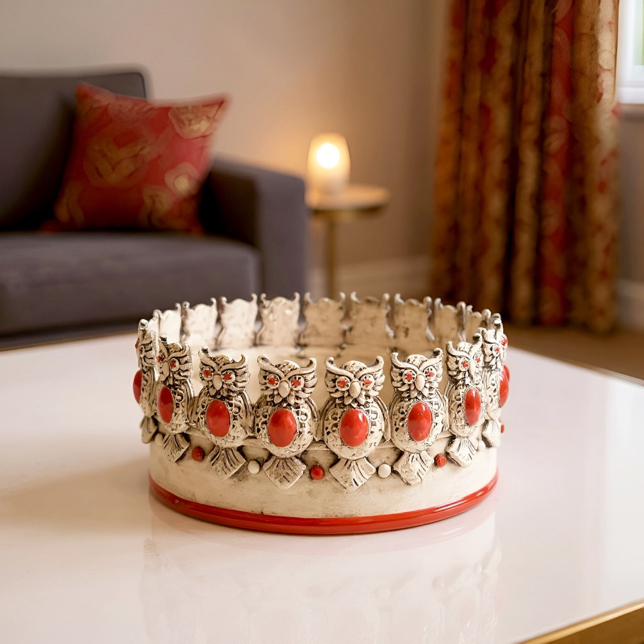 Centrotavola Ø 22 con gufi madreperla antichizzato rosso - Ceramiche di Caltagirone Sofia