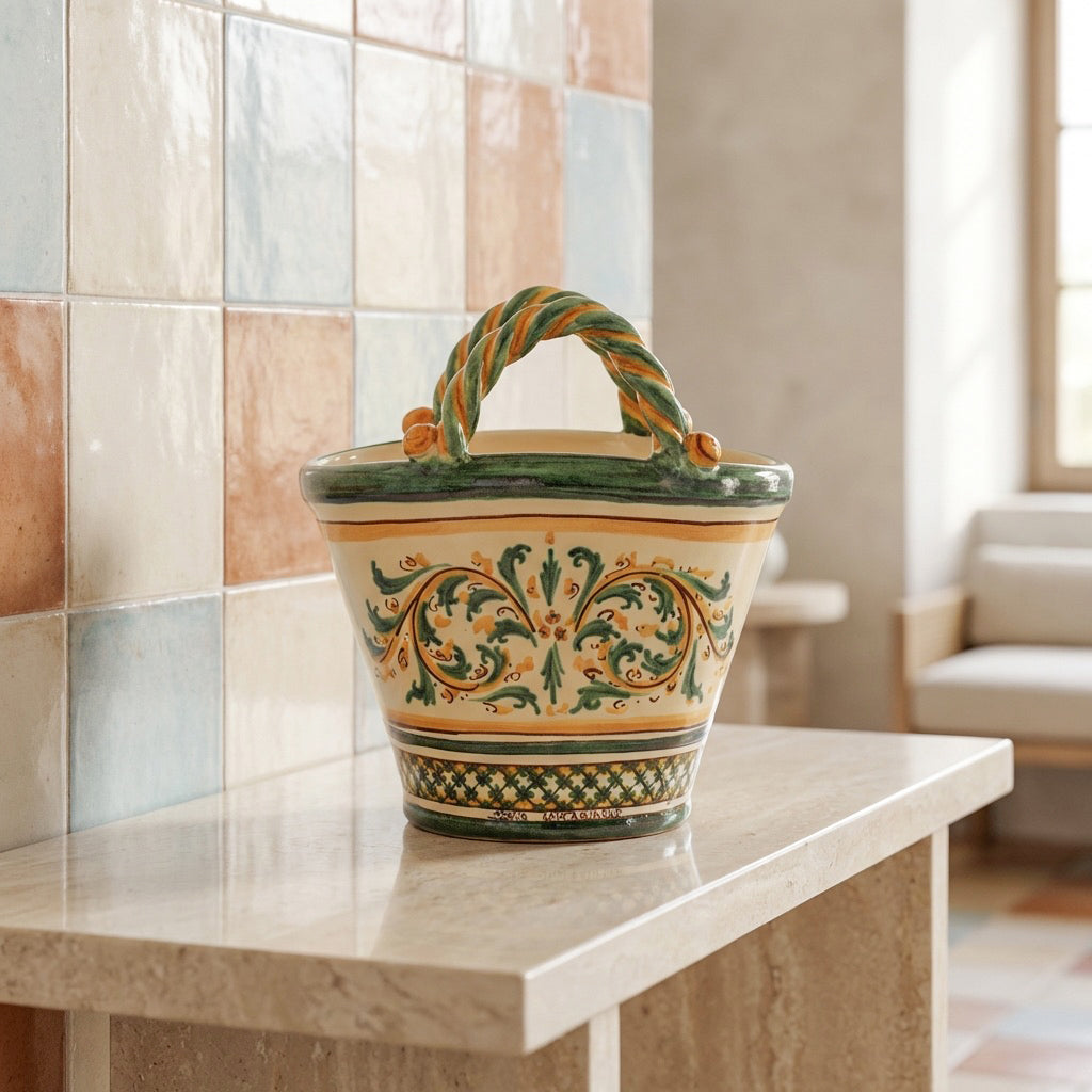 Coffa H 25 in Ceramica di Caltagirone, Linea Verde e Arancio - Ceramiche di Caltagirone Sofia