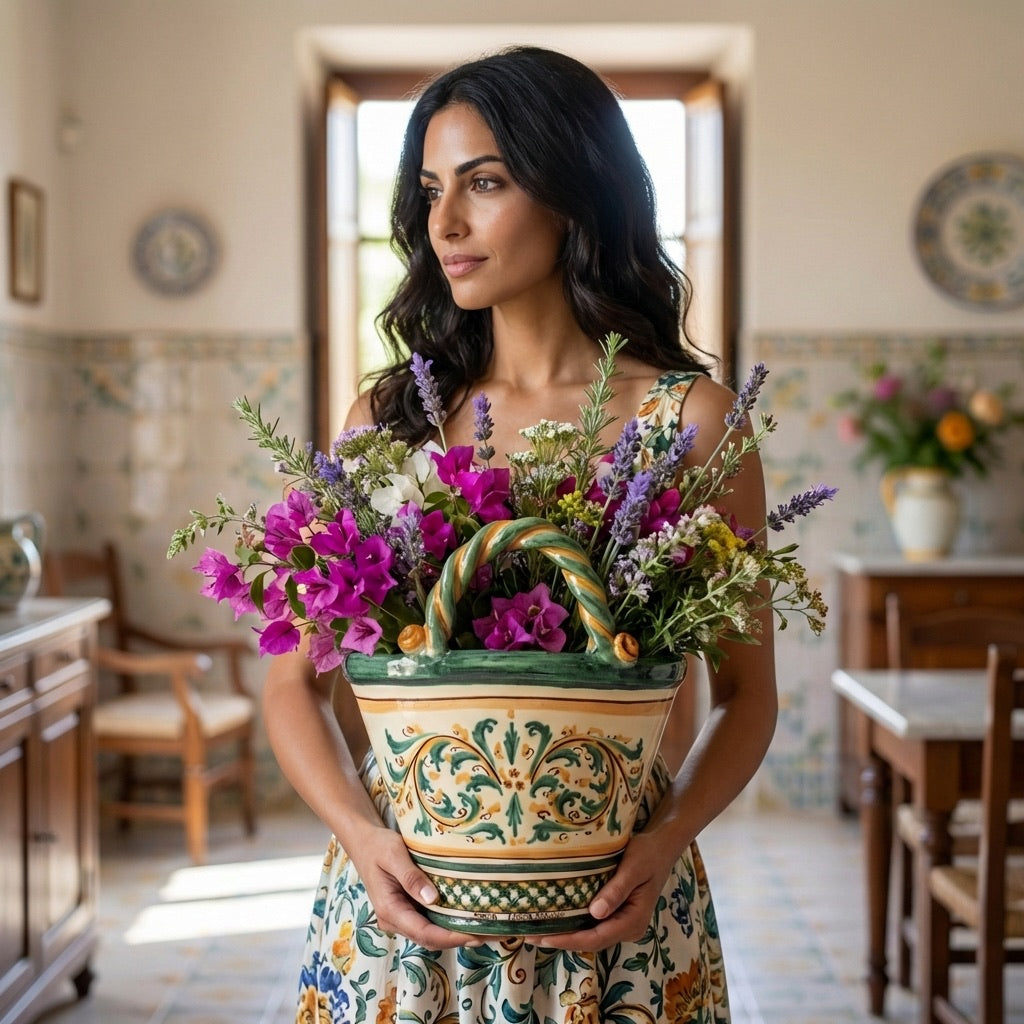 Coffa H 25 in Ceramica di Caltagirone, Linea Verde e Arancio - Ceramiche di Caltagirone Sofia