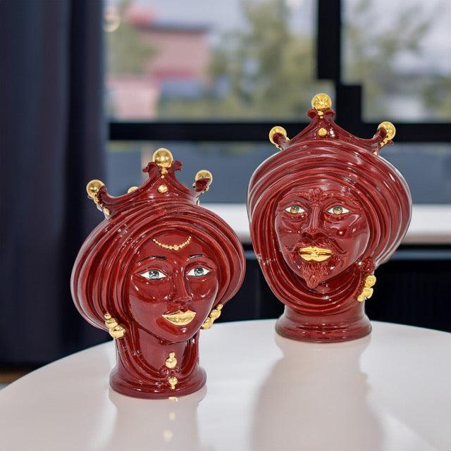 Coppia di Teste di moro h 30 Bordeaux e oro - Ceramiche di Caltagirone Sofia