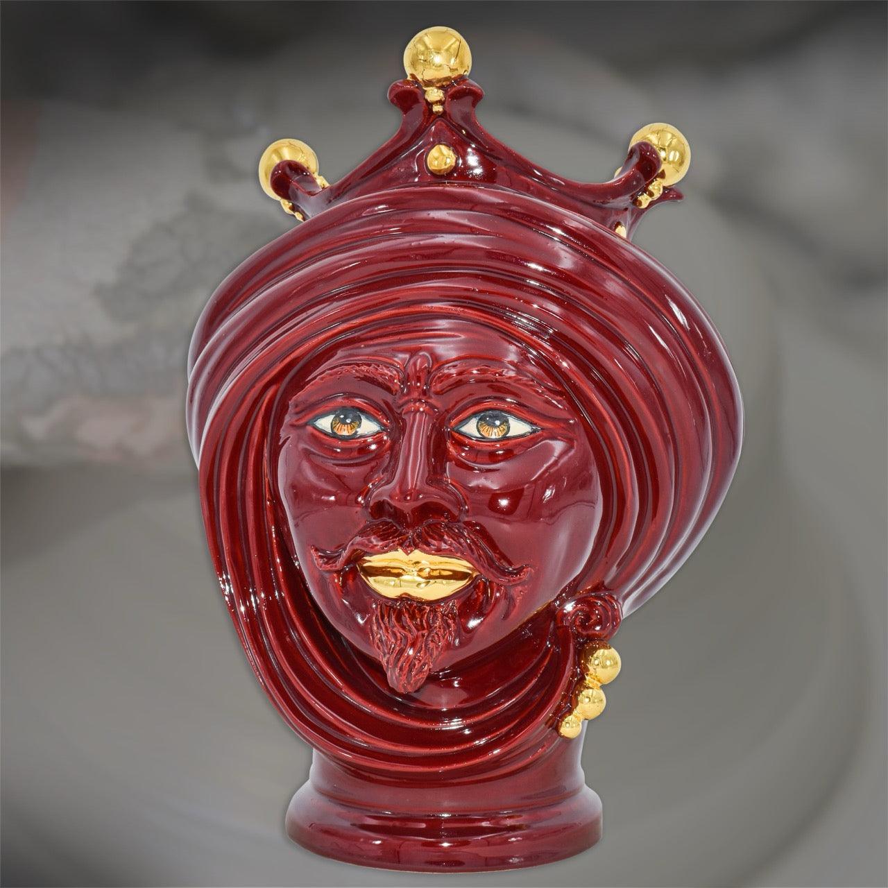 Coppia di Teste di moro h 30 Bordeaux e oro - Ceramiche di Caltagirone Sofia