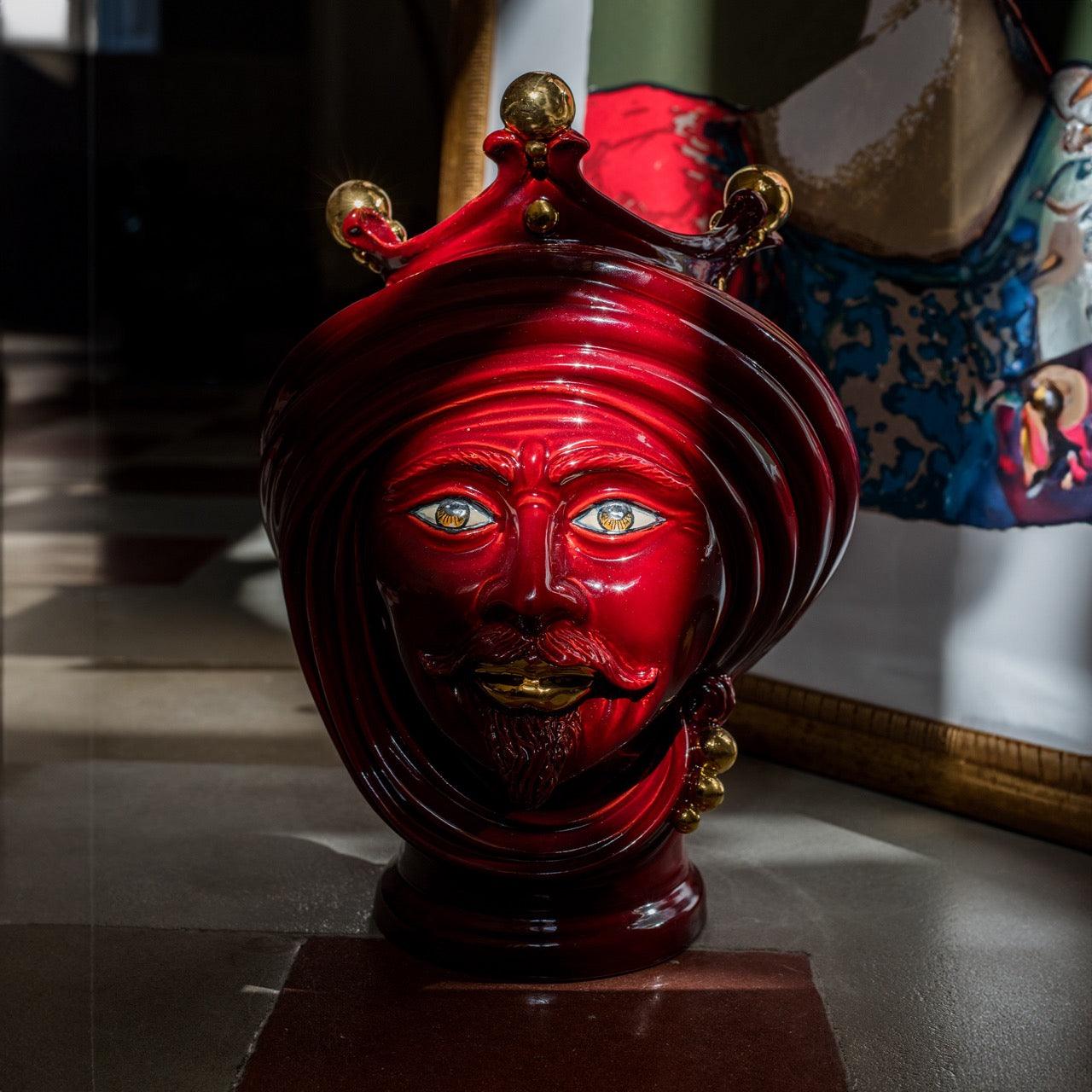 Coppia di Teste di moro h 30 Bordeaux e oro - Ceramiche di Caltagirone Sofia