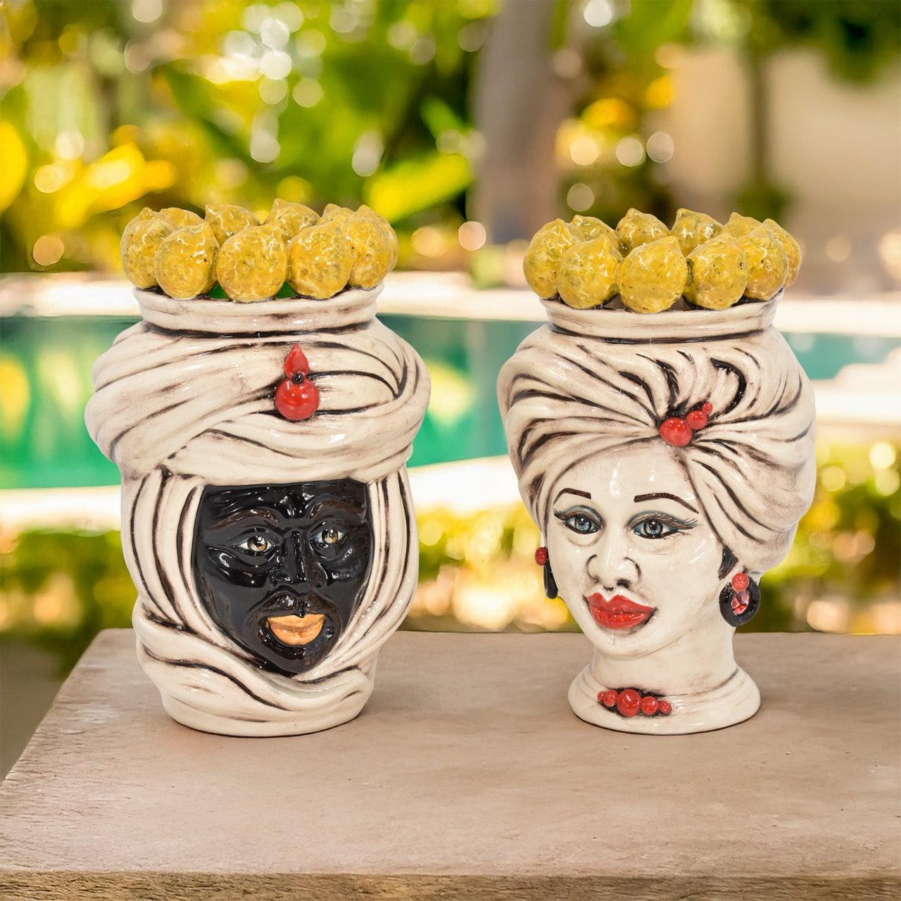 Coppia di Teste h 20 tuareg Limoni Siciliani Madreperla Antichizzato - Ceramiche di Caltagirone Sofia