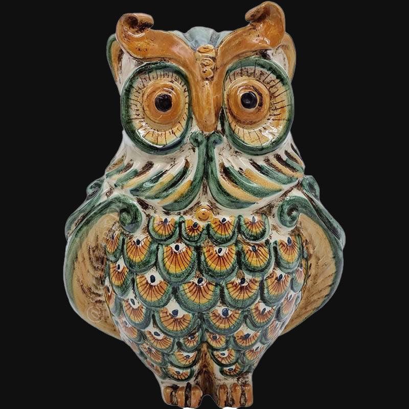 Gufo h 20 verde/arancio - Animali in ceramica - Ceramiche di Caltagirone Sofia