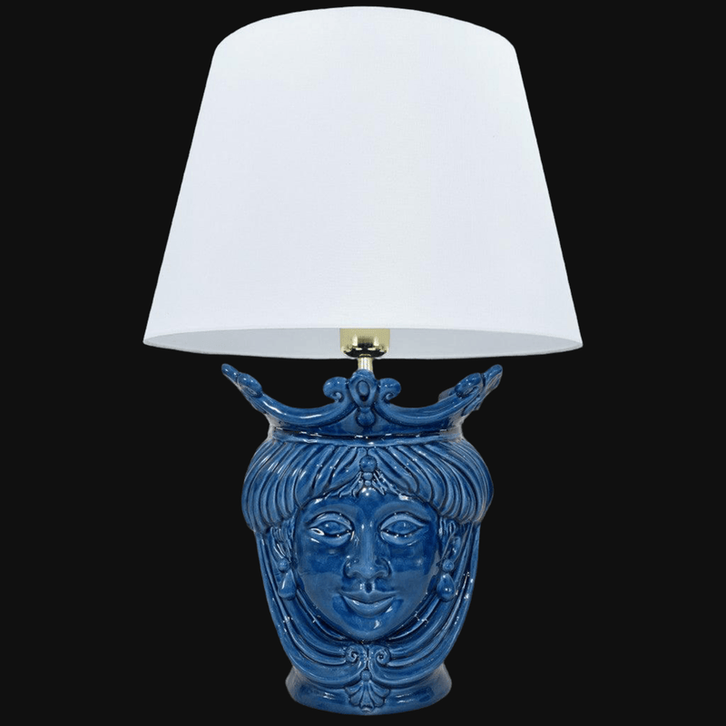 Lume a Testa h 55 cm (ceramica h 25 cm, Paralume in Tessuto Ø 35 cm) — Donna, Blu Intenso