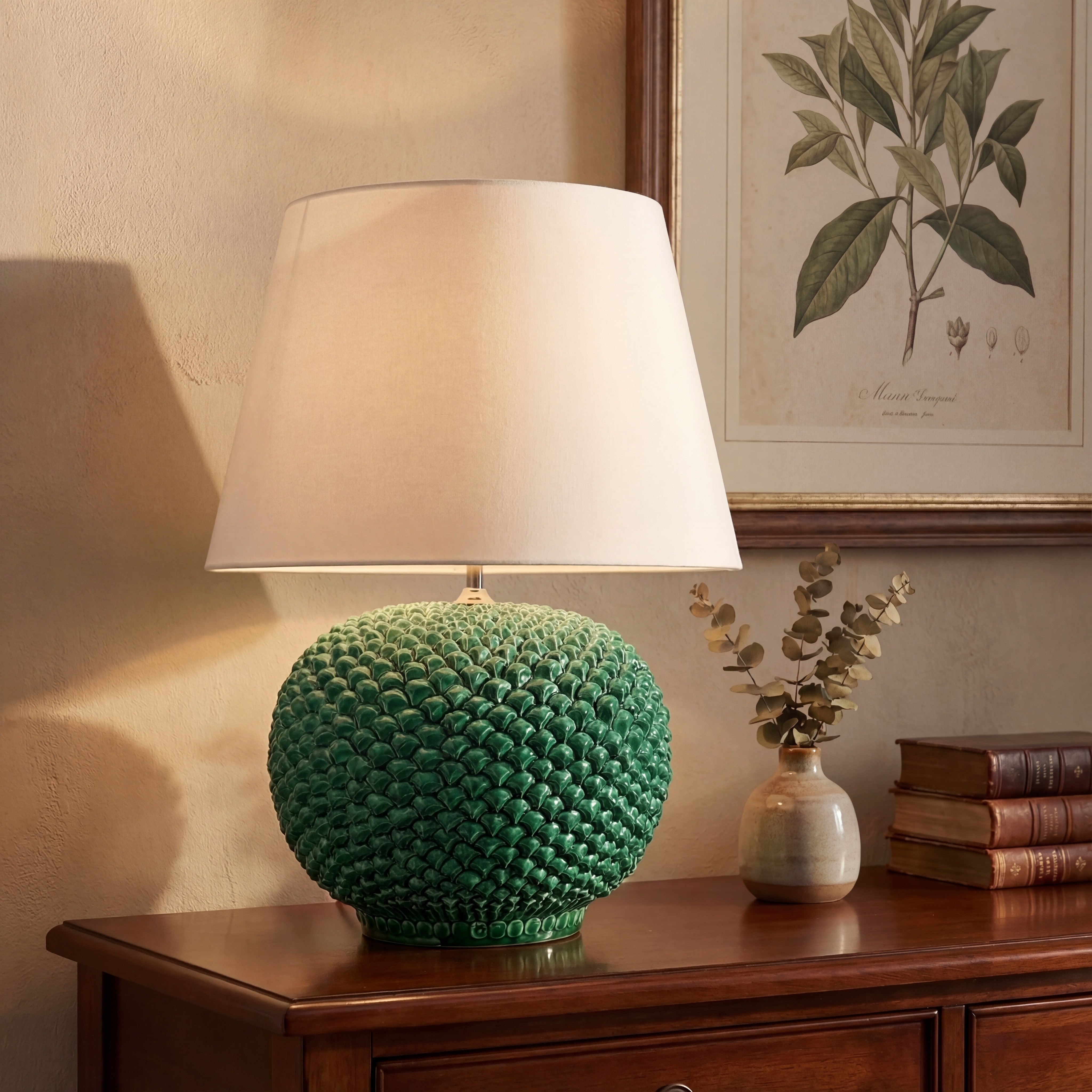 Lume palla a pigna in ceramica di Caltagirone, decoro Verde Smeraldo - Ceramiche di Caltagirone Sofia