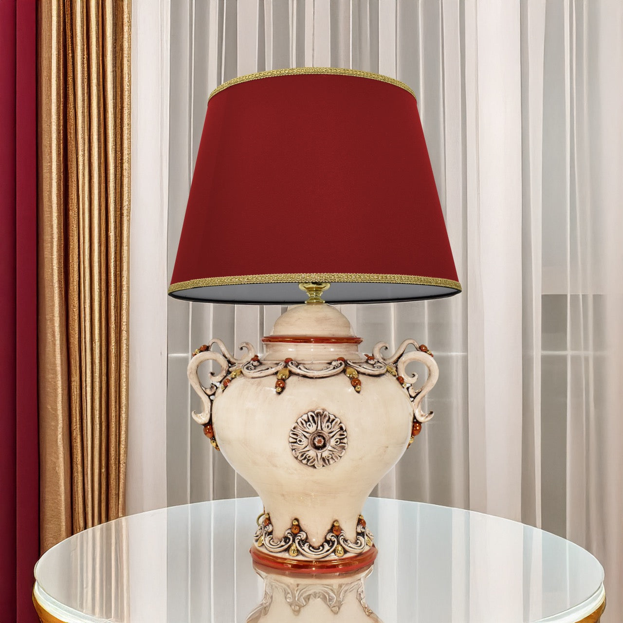 Lume palla c/manici h 35 plastico sofia madreperla antichizzato oro e lustri (h65 c/paralume Ø45) - Ceramiche di Caltagirone Sofia