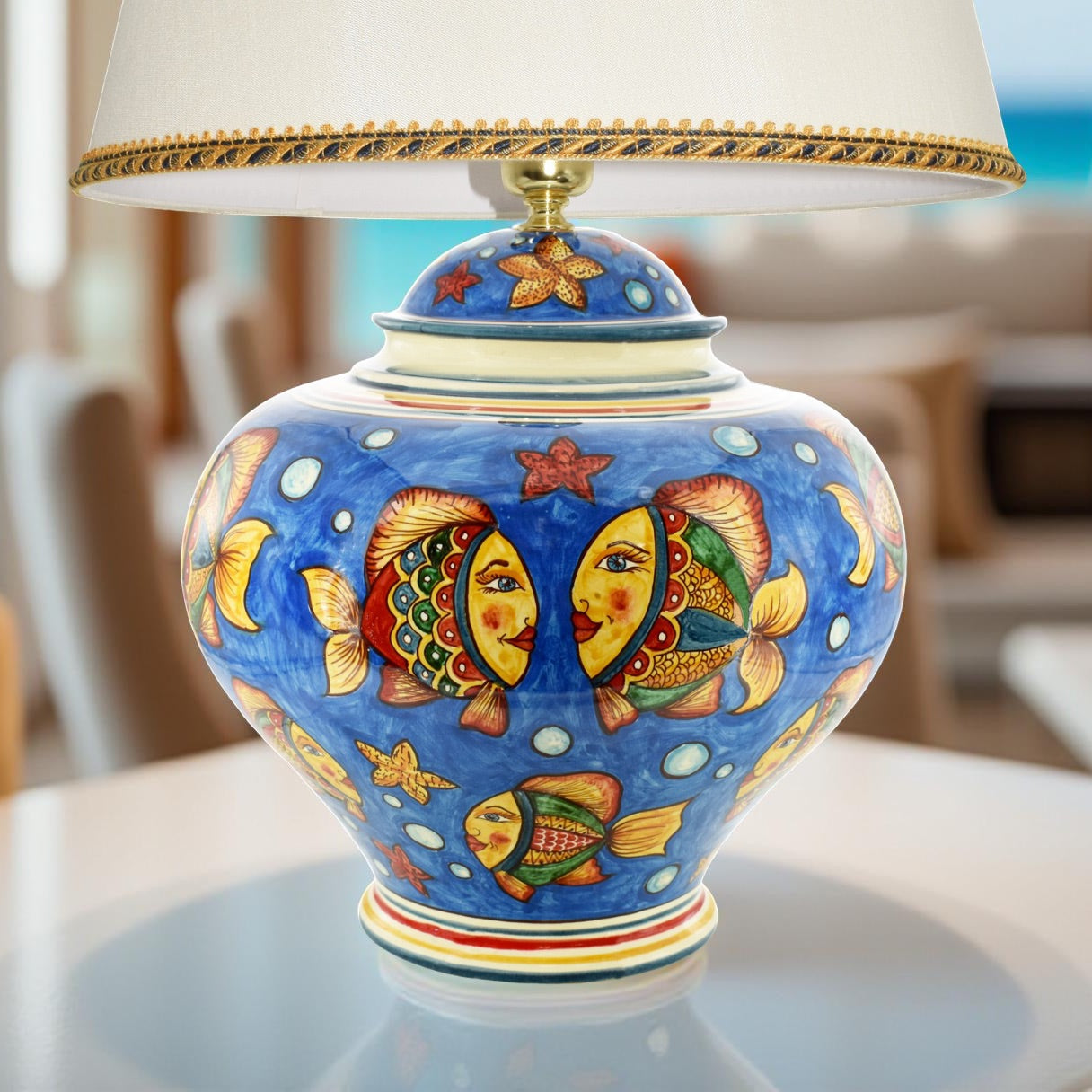 Lume Palla fondo blu Decoro Pesci in ceramica siciliana di Caltagirone - Ceramiche di Caltagirone Sofia