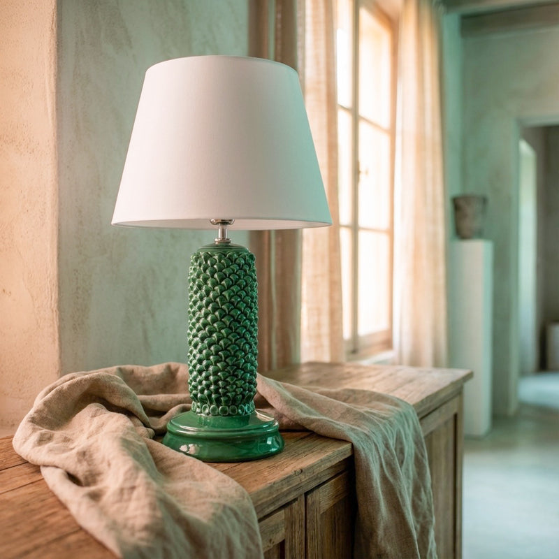 Lume Pigna Cilindro in Ceramica di Caltagirone h 60 cm — Verde Smeraldo