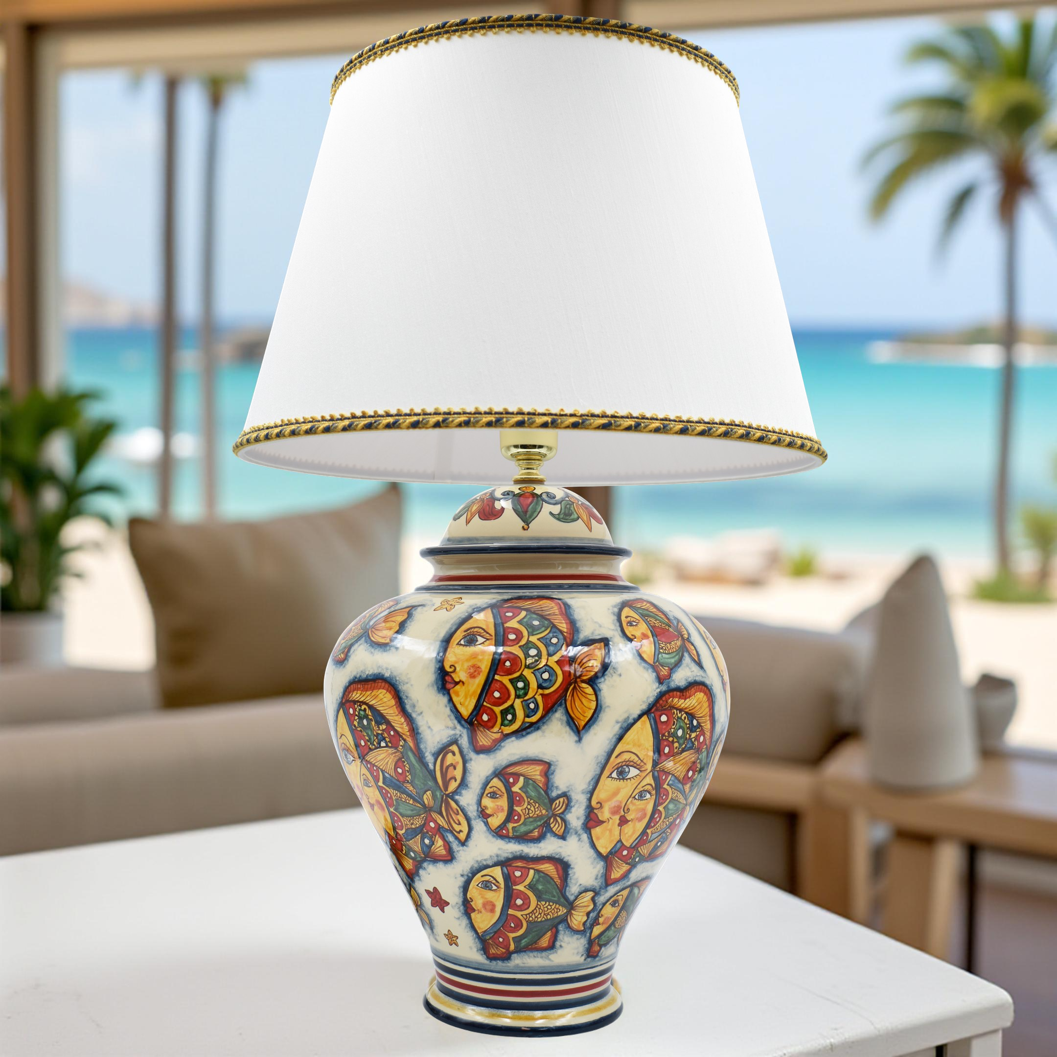 Lume Potiche Decoro Pesci in ceramica di Caltagirone (h65 c/paralume Ø40) - Ceramiche di Caltagirone Sofia