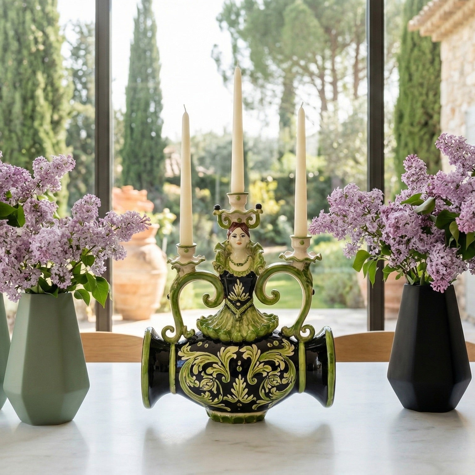 Lumiera Scaldone 3 Fuochi in Ceramica di Caltagirone h 32 cm — Linea Parigi, Nero e Verde