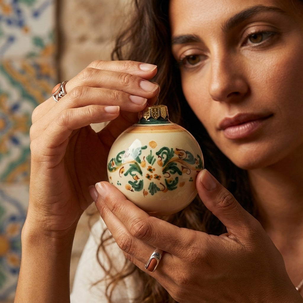 Pallina natalizia Ø 8 s. d'arte verde/arancio - Natale a Caltagirone