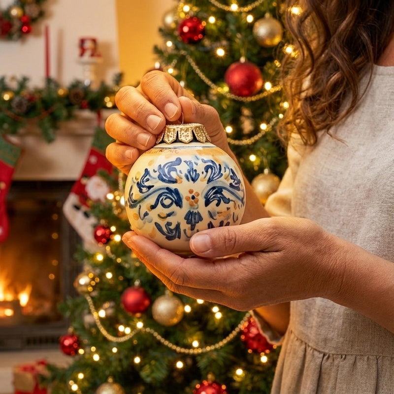 Pallina natalizia Ø 8 s. d'arte blu e arancio - Natale a Caltagirone