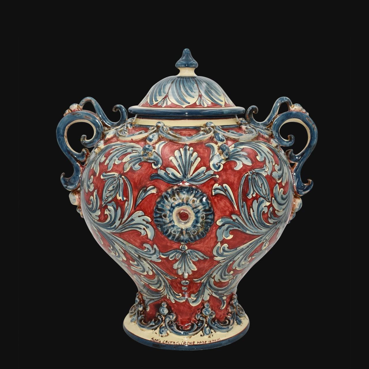 Potiche a palla c/manici h 38 plastico sofia ornato blu/bordeaux - Ceramiche di Caltagirone Sofia