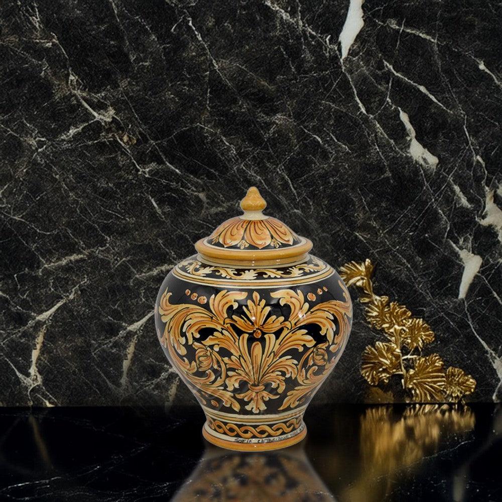 Potiche h 25 Ornato Fondo Nero in ceramica di Caltagirone - Ceramiche di Caltagirone Sofia