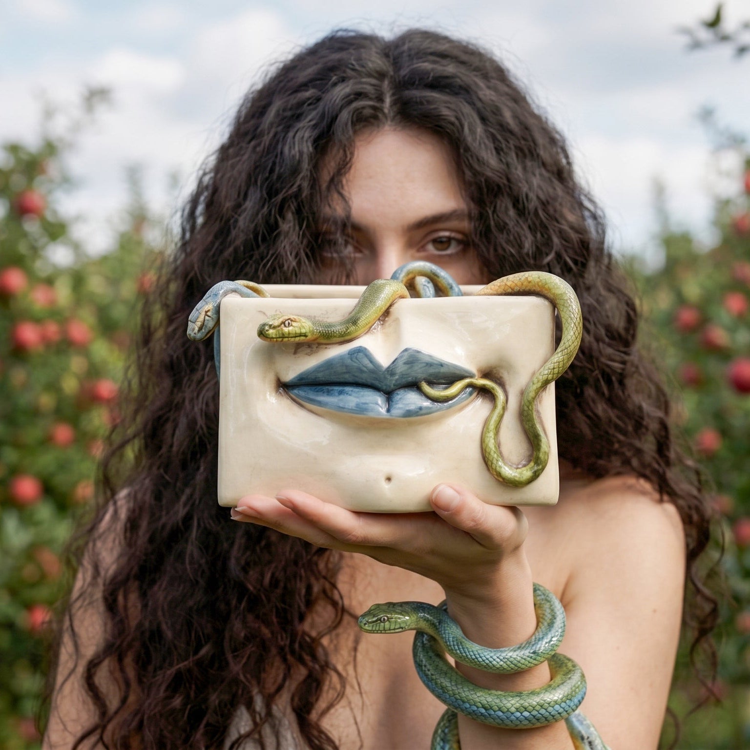 Scatola Medusa in Ceramica - Labbra Blu e Serpenti Applicati, Madreperla Antichizzato