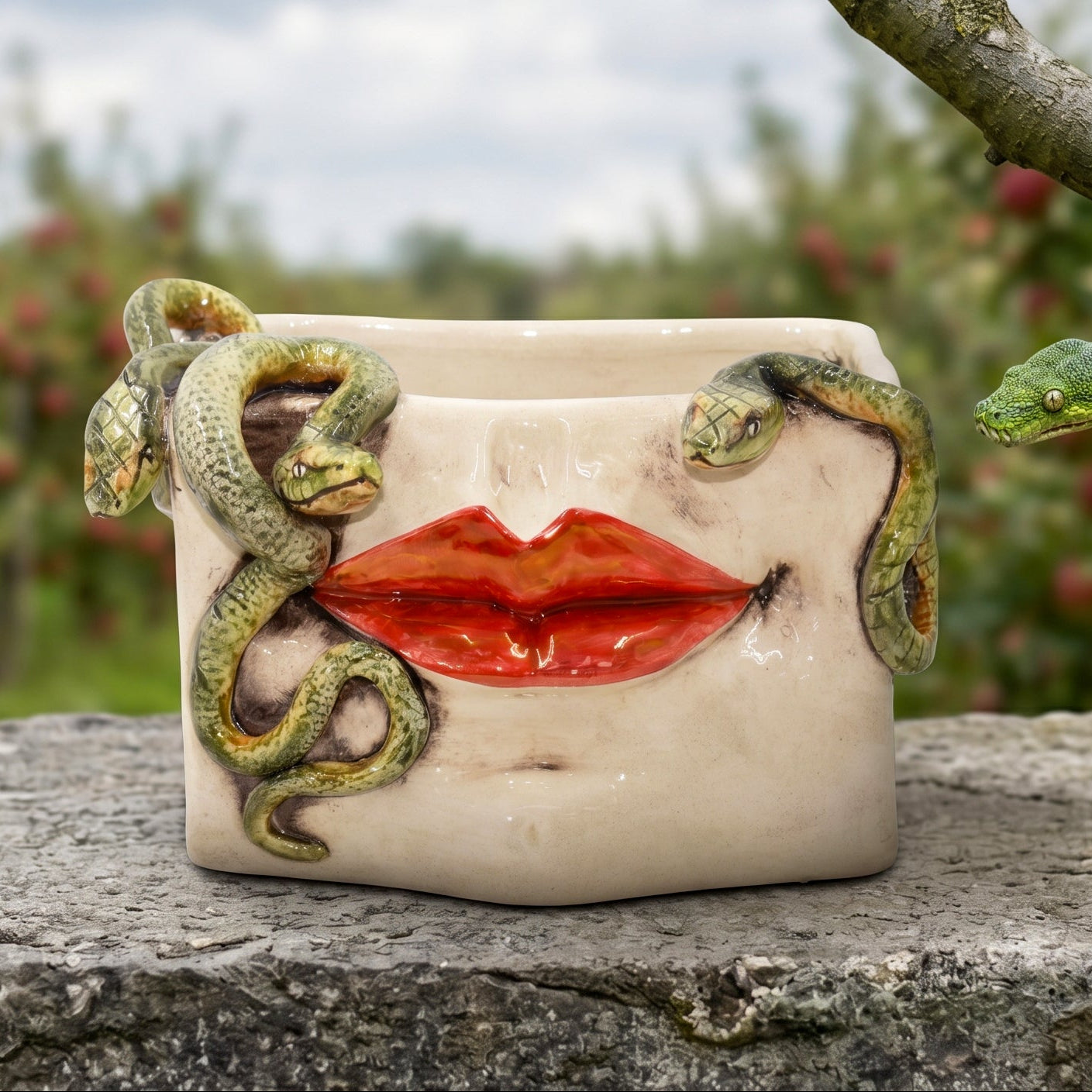 Scatola Medusa in Ceramica - Labbra Oro e Lustri, Serpenti Applicati, Madreperla Antichizzato