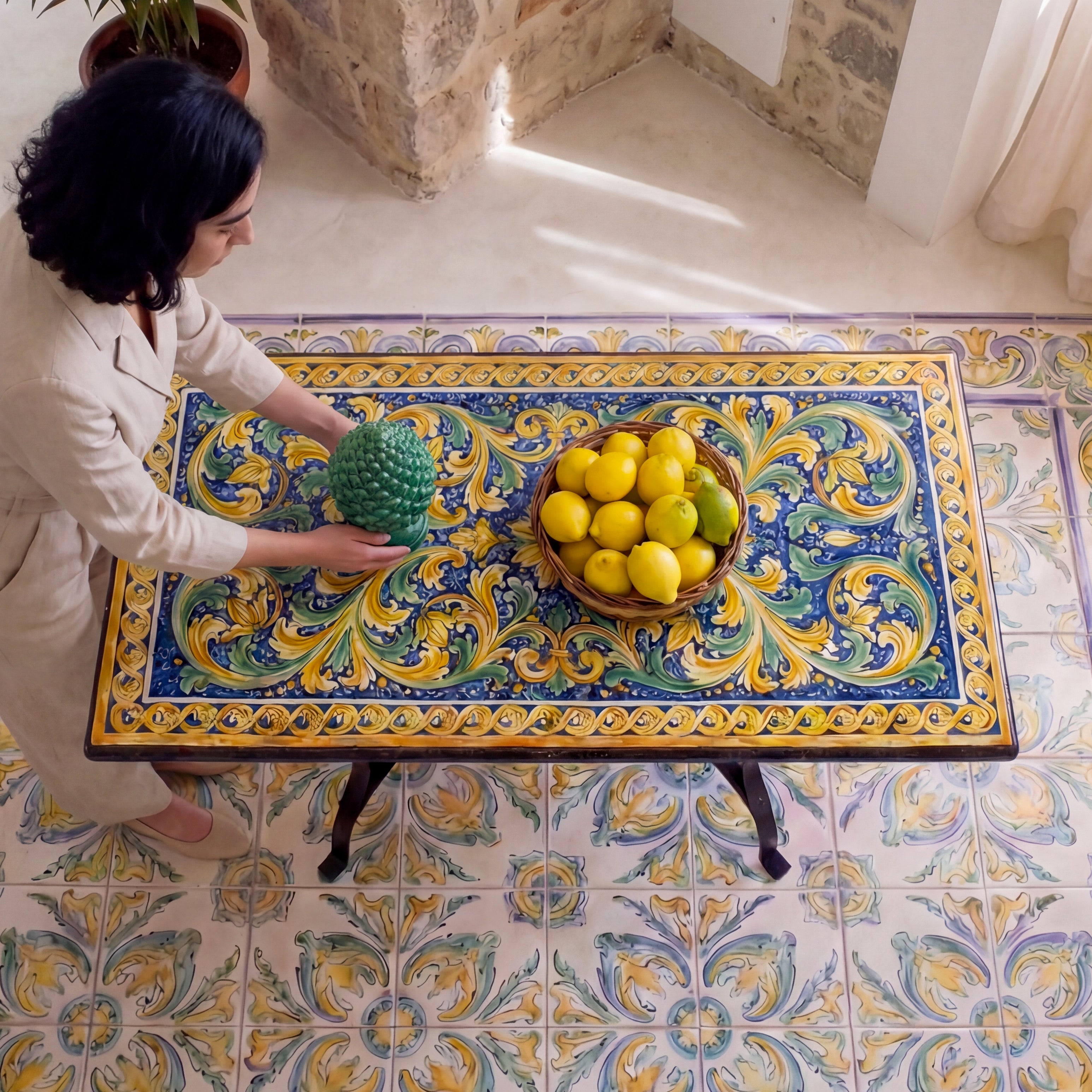 Tavolo in pietra lavica rettangolare cm 75x115 - Decoro ornato calatino - Ceramiche di Caltagirone Sofia