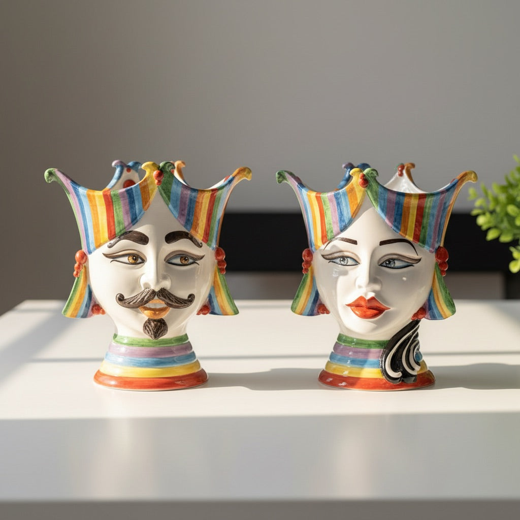 Testa di Moro "Aisha" 25 cm White and Color - Viso Uomo in Ceramica Siciliana - Ceramiche di Caltagirone Sofia