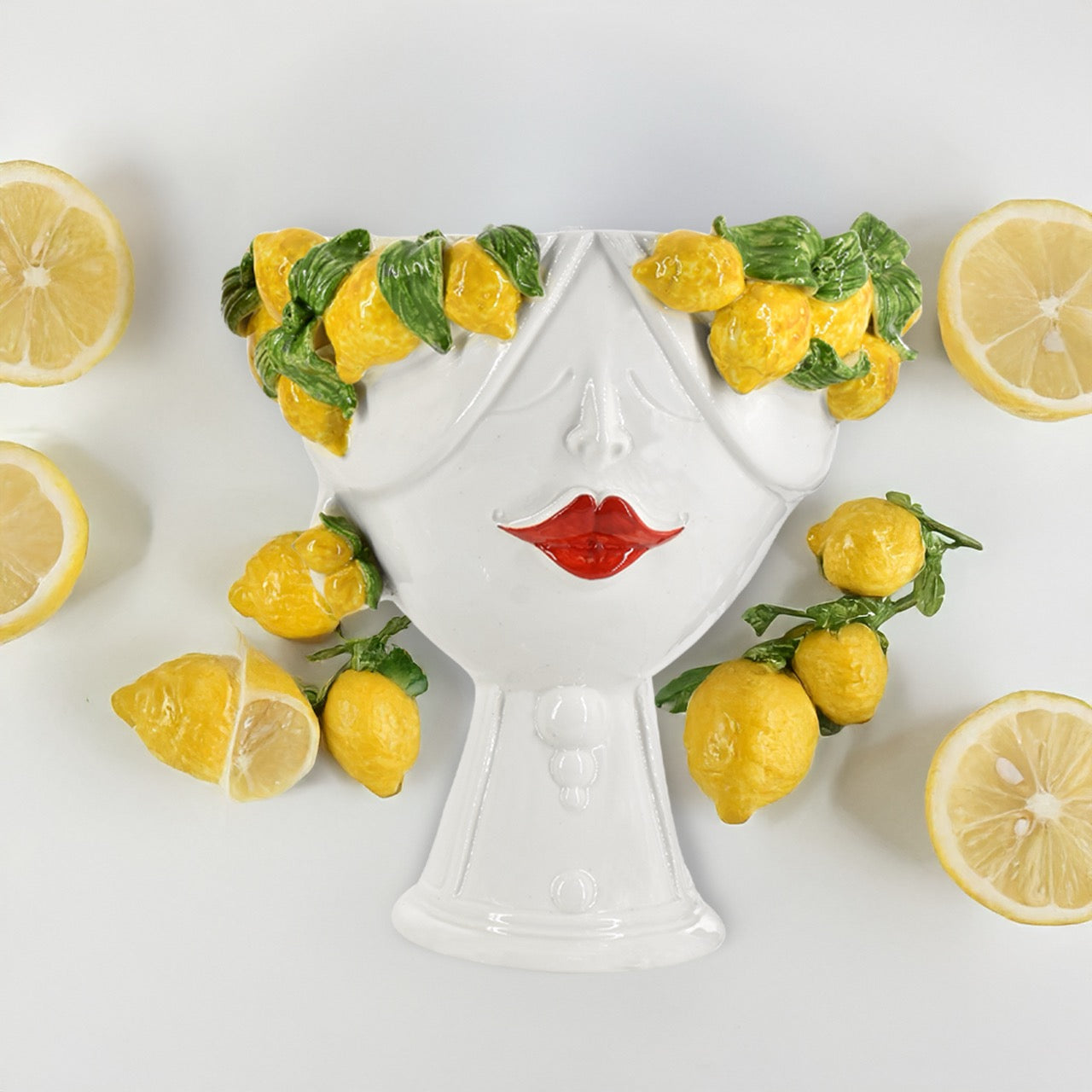 Testa di Moro con limoni "Zahira" donna | White and Lemon 30 cm - Ceramiche di Caltagirone Sofia