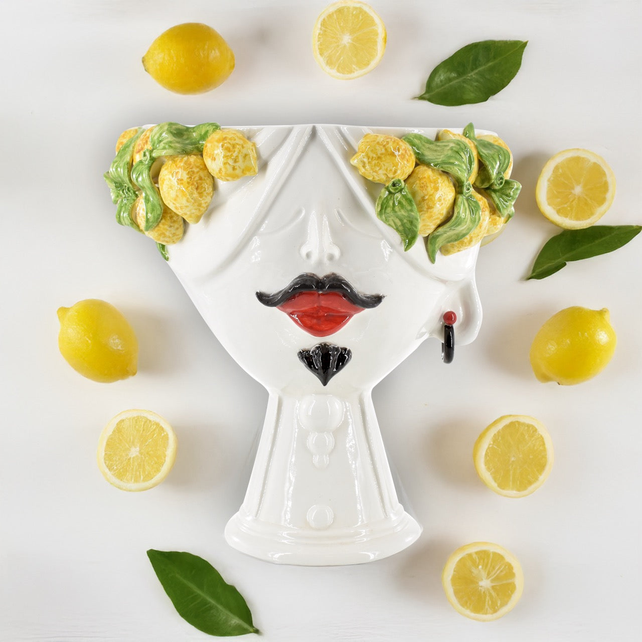 Testa di Moro con limoni "Zahira" uomo | White and Lemon 30 cm - Ceramiche di Caltagirone Sofia