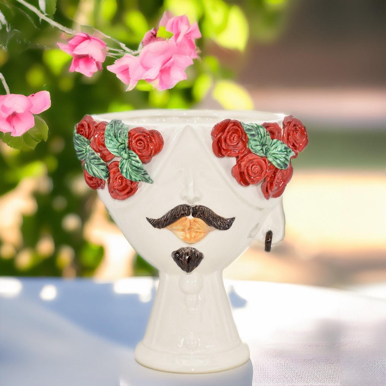 Testa di Moro con rose rosse "Zahira" uomo | White and Color 30 cm - Ceramiche di Caltagirone Sofia