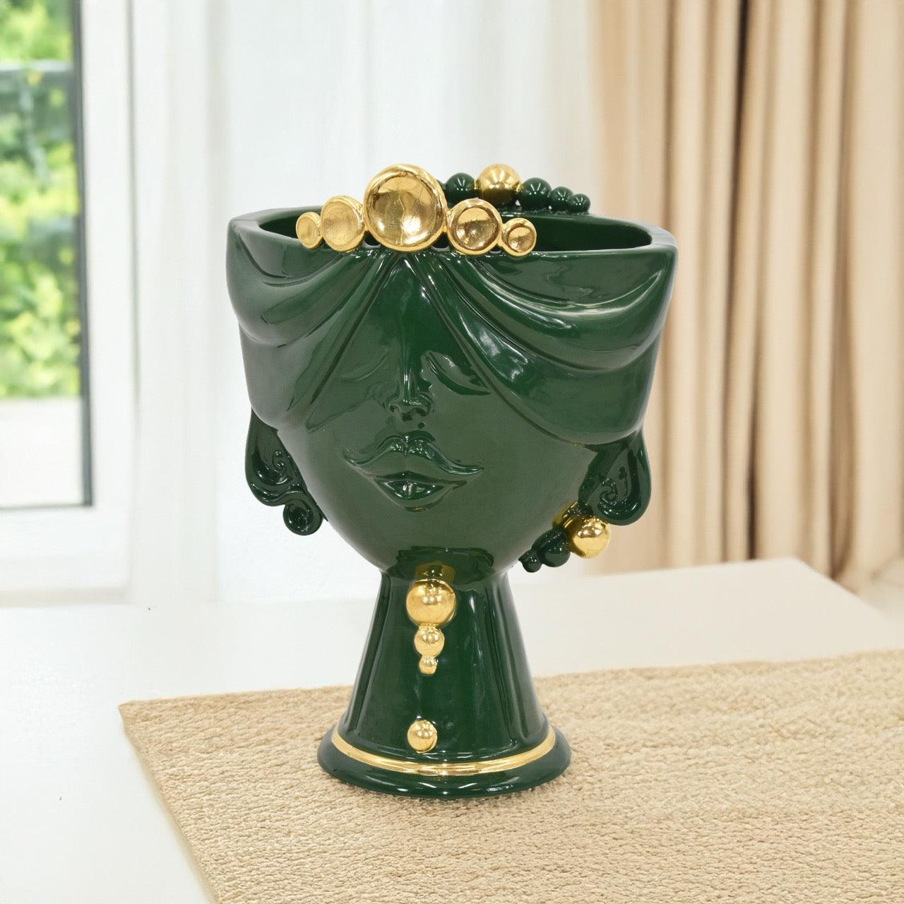 Testa di Moro donna in Ceramica Caltagirone | Zahira Verde e Oro h 30 cm - Ceramiche di Caltagirone Sofia