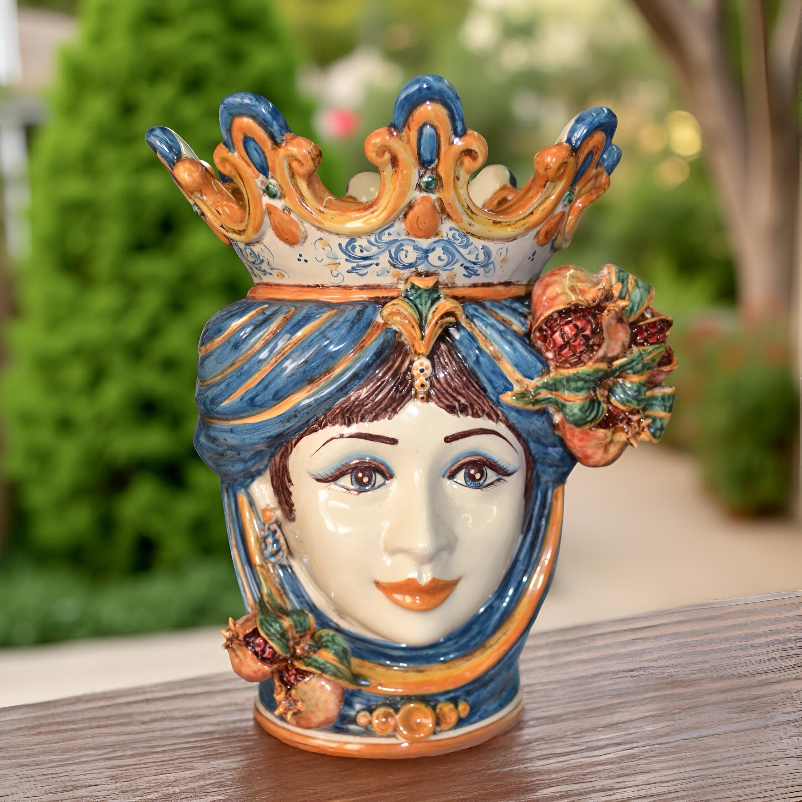 Testa di moro h 40 melograni blu e arancio femmina - Ceramiche di Caltagirone Sofia