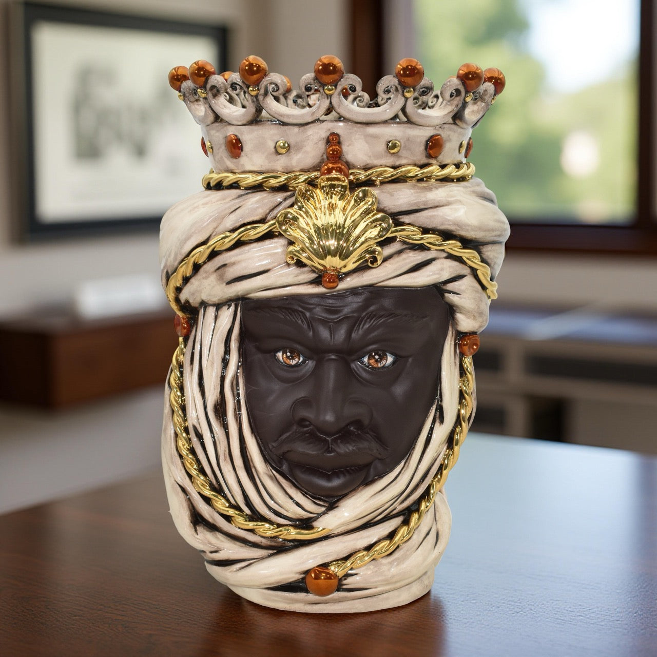 Testa di moro h 48 madreperla antichizzato oro e lustri maschio moro - Ceramiche di Caltagirone Sofia