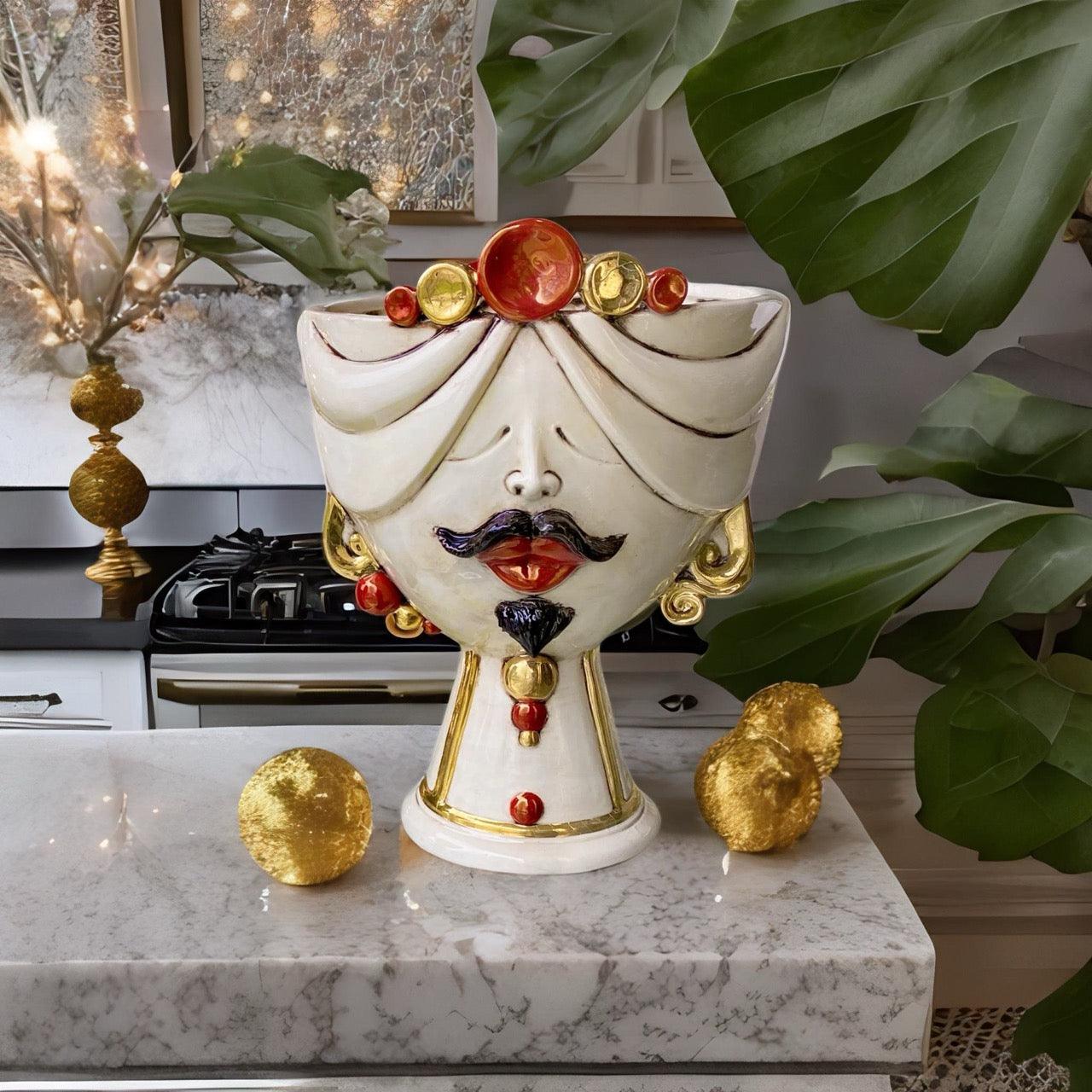 Testa di Moro uomo in Ceramica Caltagirone | Zahira Madreperla Oro e Lustri h 30 cm - Ceramiche di Caltagirone Sofia