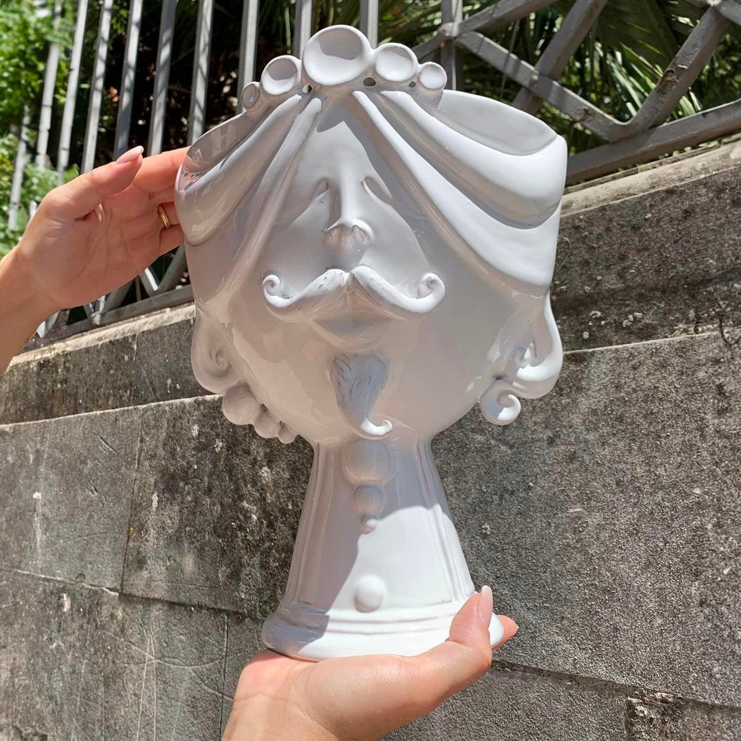Testa di Moro "Zahira" uomo in Ceramica di Caltagirone | White Line 30 cm - Ceramiche di Caltagirone Sofia