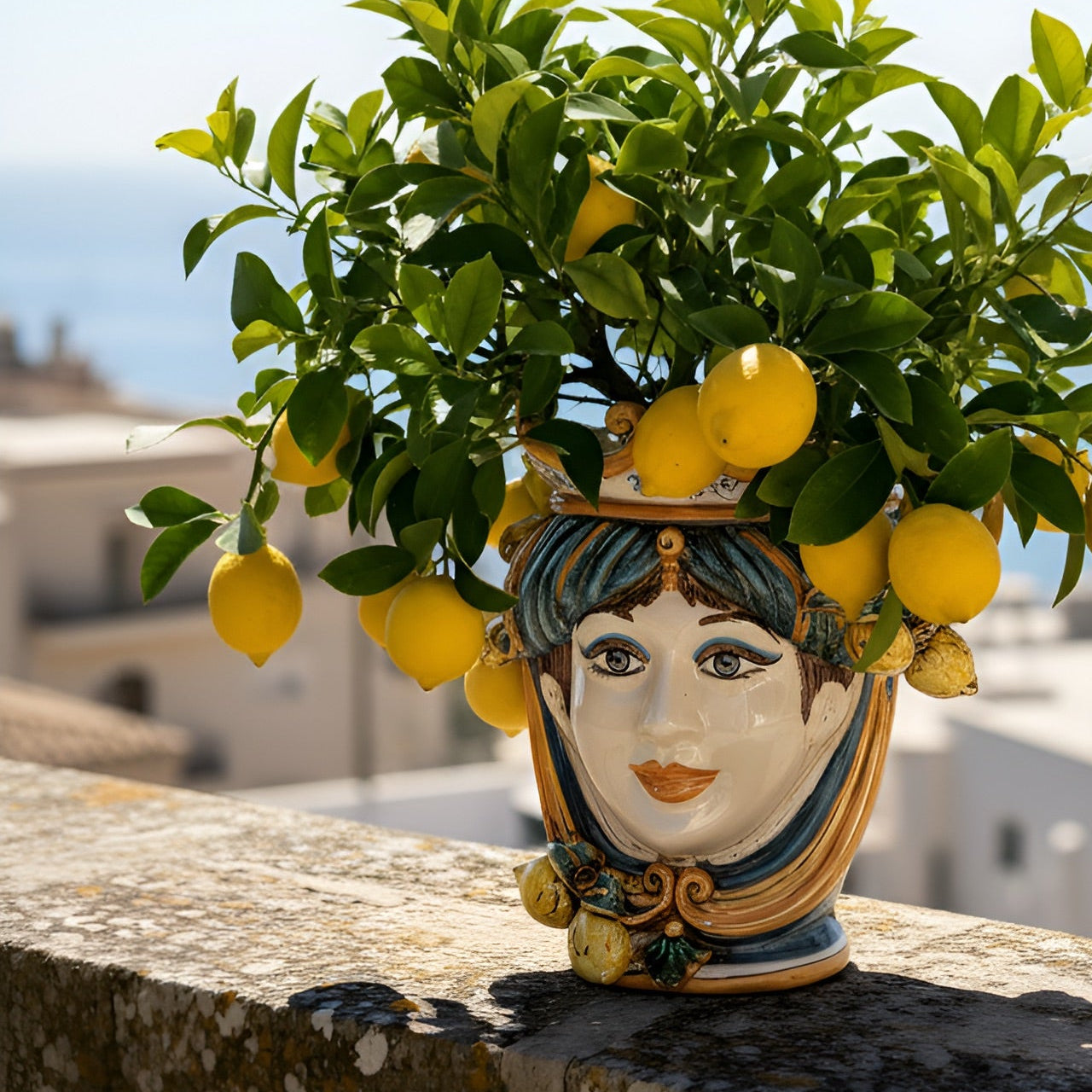 Testa h 25 cm limoni blu e arancio femmina - Ceramiche di Caltagirone Sofia