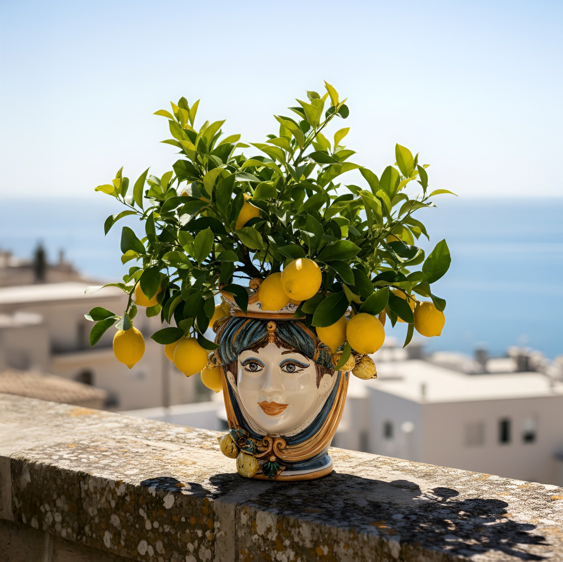 Testa h 25 cm limoni blu e arancio femmina - Ceramiche di Caltagirone Sofia