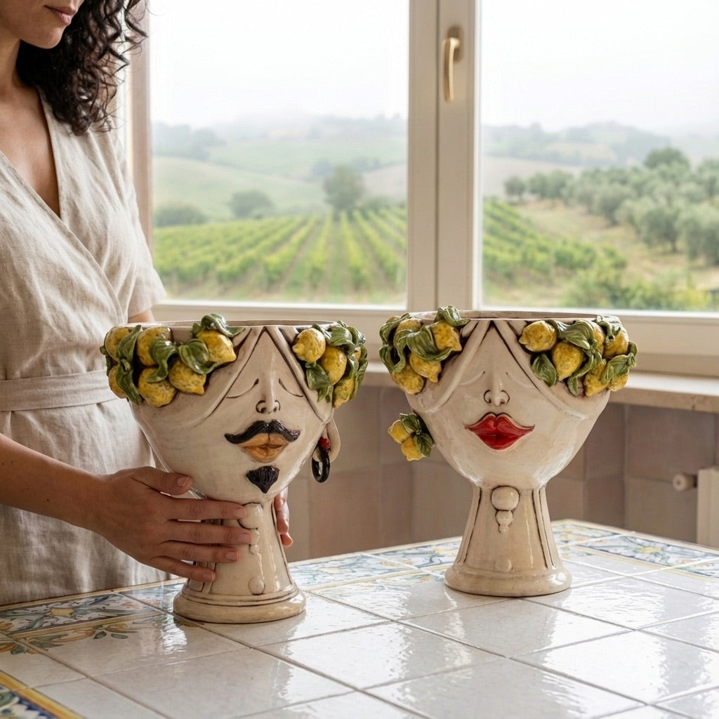 Testa h 30 Zahira Limoni Siciliani in Madreperla viso uomo - Ceramiche di Caltagirone Sofia