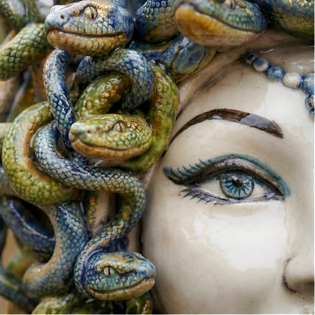 Testa Medusa h 30 cm — Madreperla Antichizzato, Perline Blu | Ceramica Caltagirone