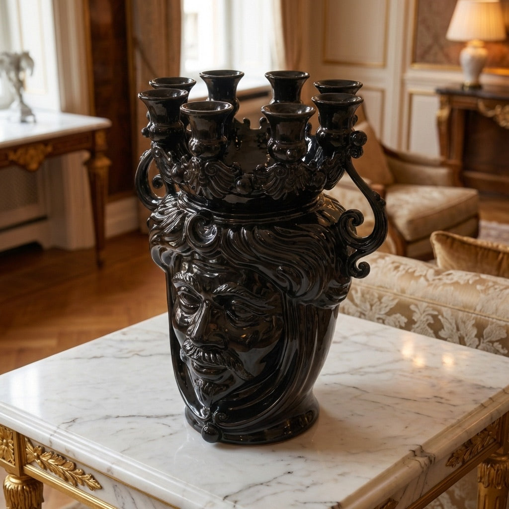 Testa porta candele h 40 black line uomo s/espressione - Ceramiche di Caltagirone Sofia