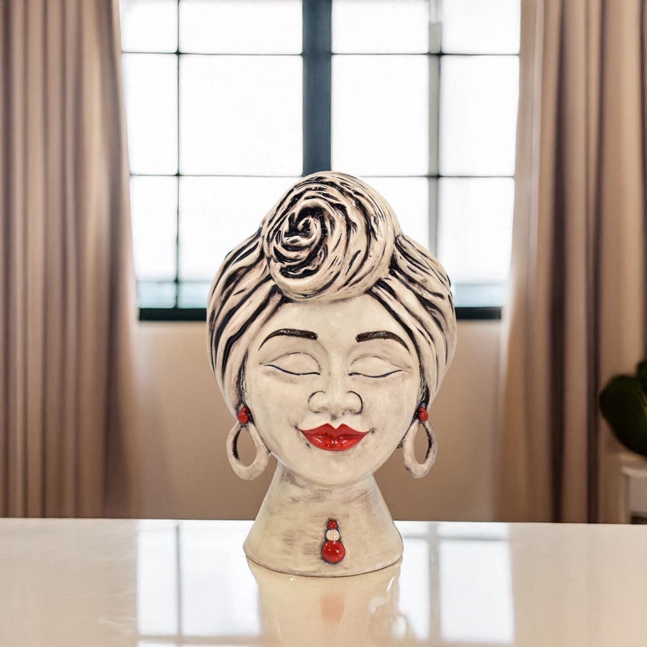Testa sognia h 40 madreperla antichizzato perline rosse femmina viso lucido - Ceramiche di Caltagirone Sofia
