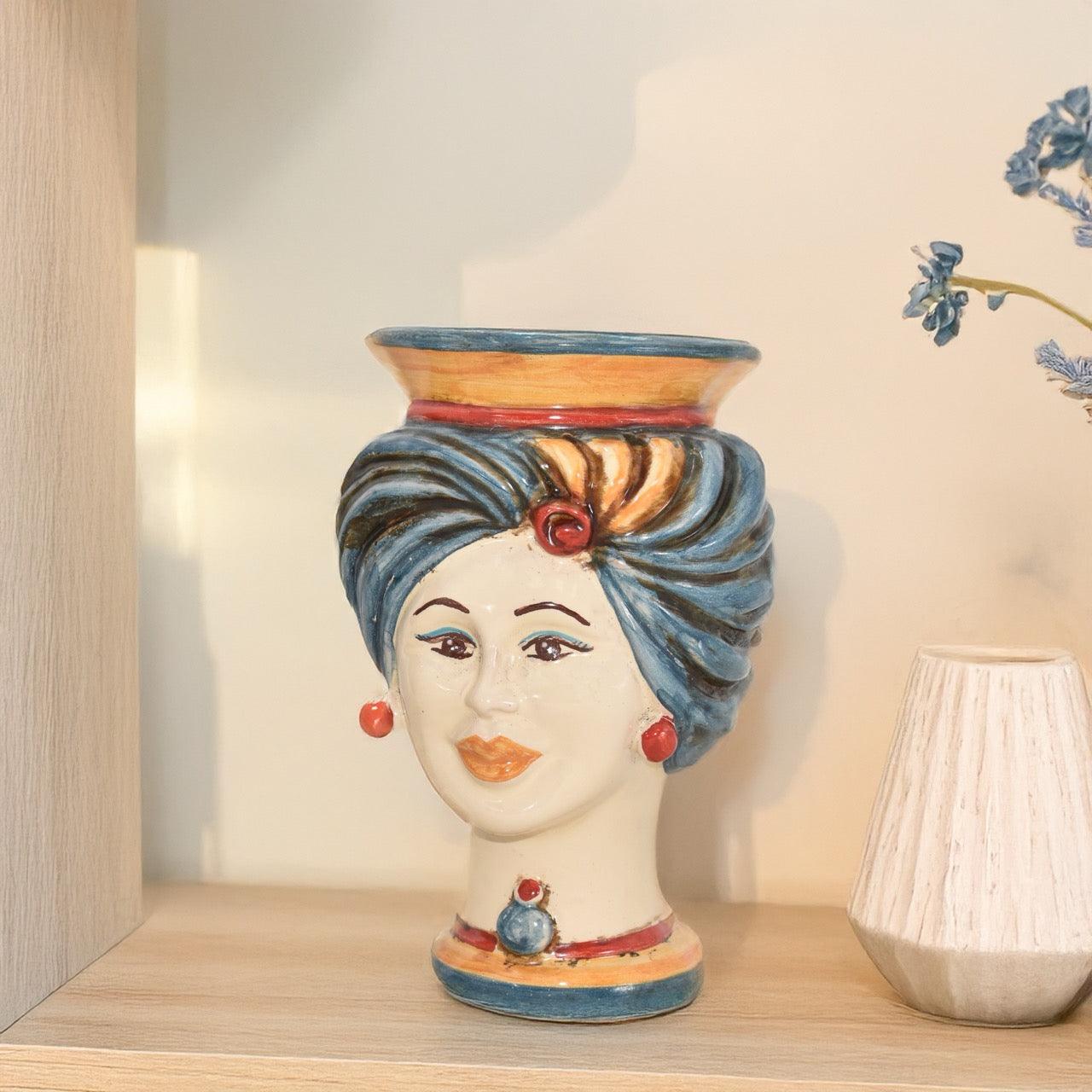 Teste di Moro h 16 tuareg decoro blu e arancio - Ceramiche di Caltagirone Sofia