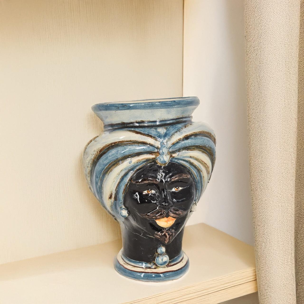 Teste di Moro h 16 tuareg decoro Monocromia di blu - Ceramiche di Caltagirone Sofia