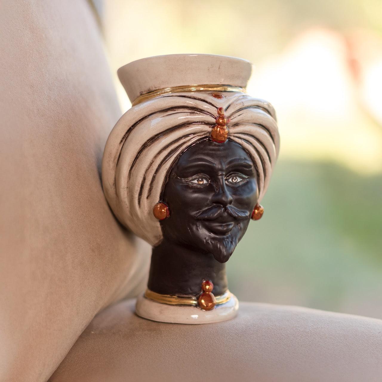 Teste di moro h 16 tuareg madreperla antichizzato Oro e Lustri - Ceramiche di Caltagirone Sofia