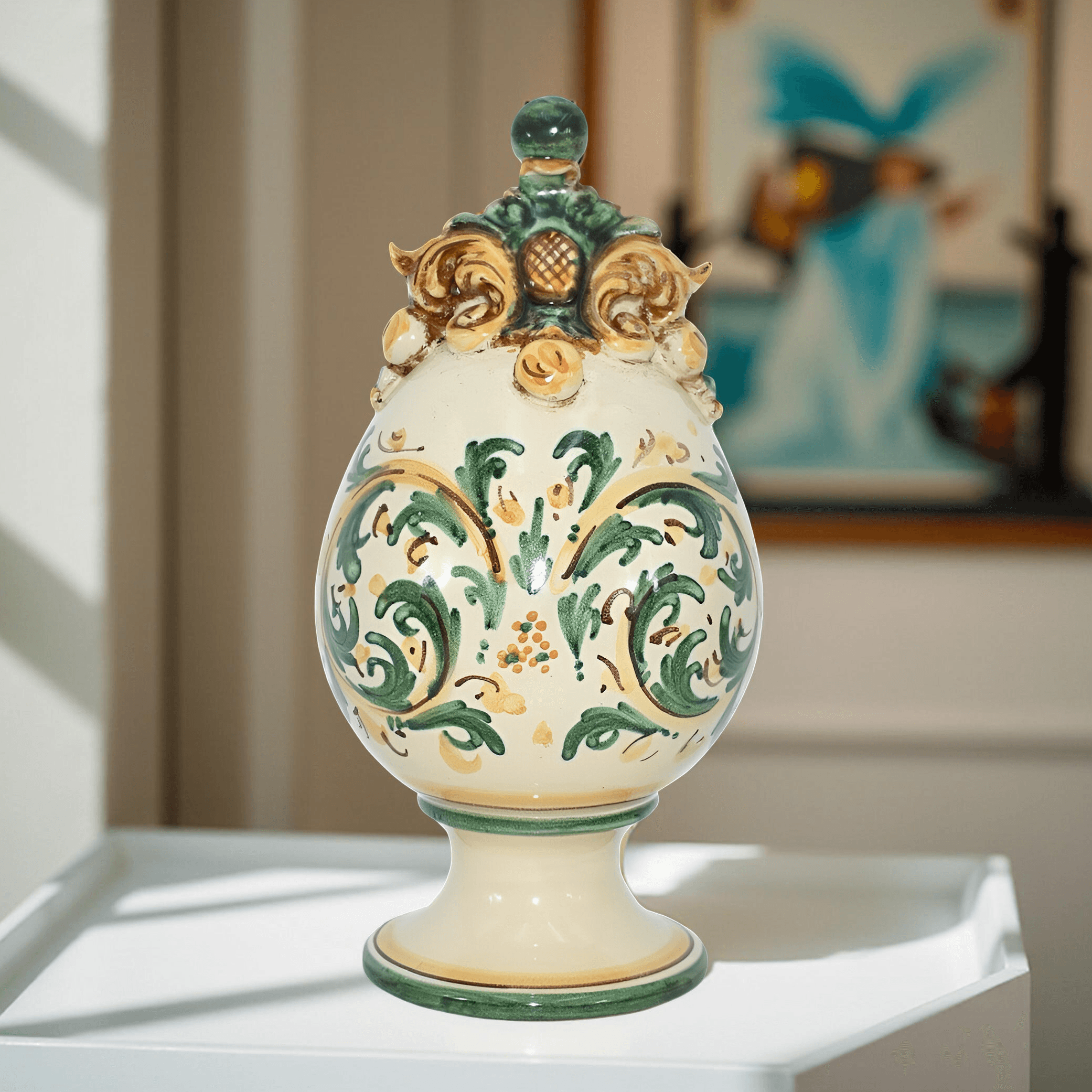 Uovo in ceramica h 18 plastico Sofia Verde e Arancio - Ceramiche di Caltagirone Sofia