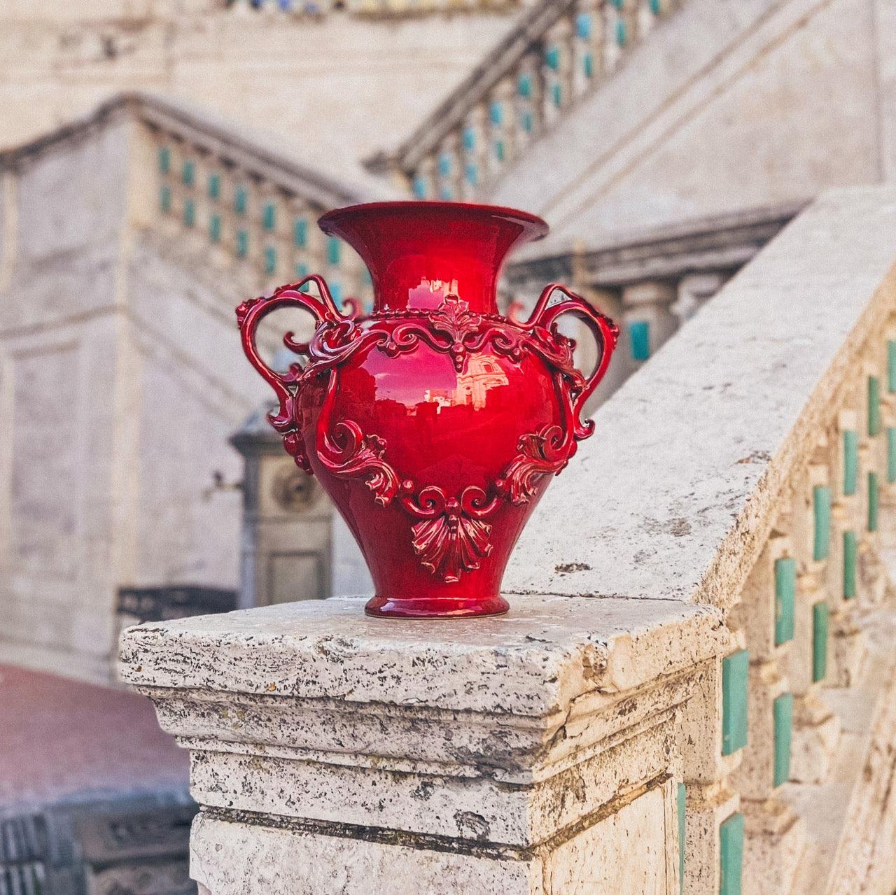 Vaso anfora h 40 c/greca rilievo Rosso Fuoco - Ceramica di Caltagirone Sofia - Ceramiche di Caltagirone Sofia