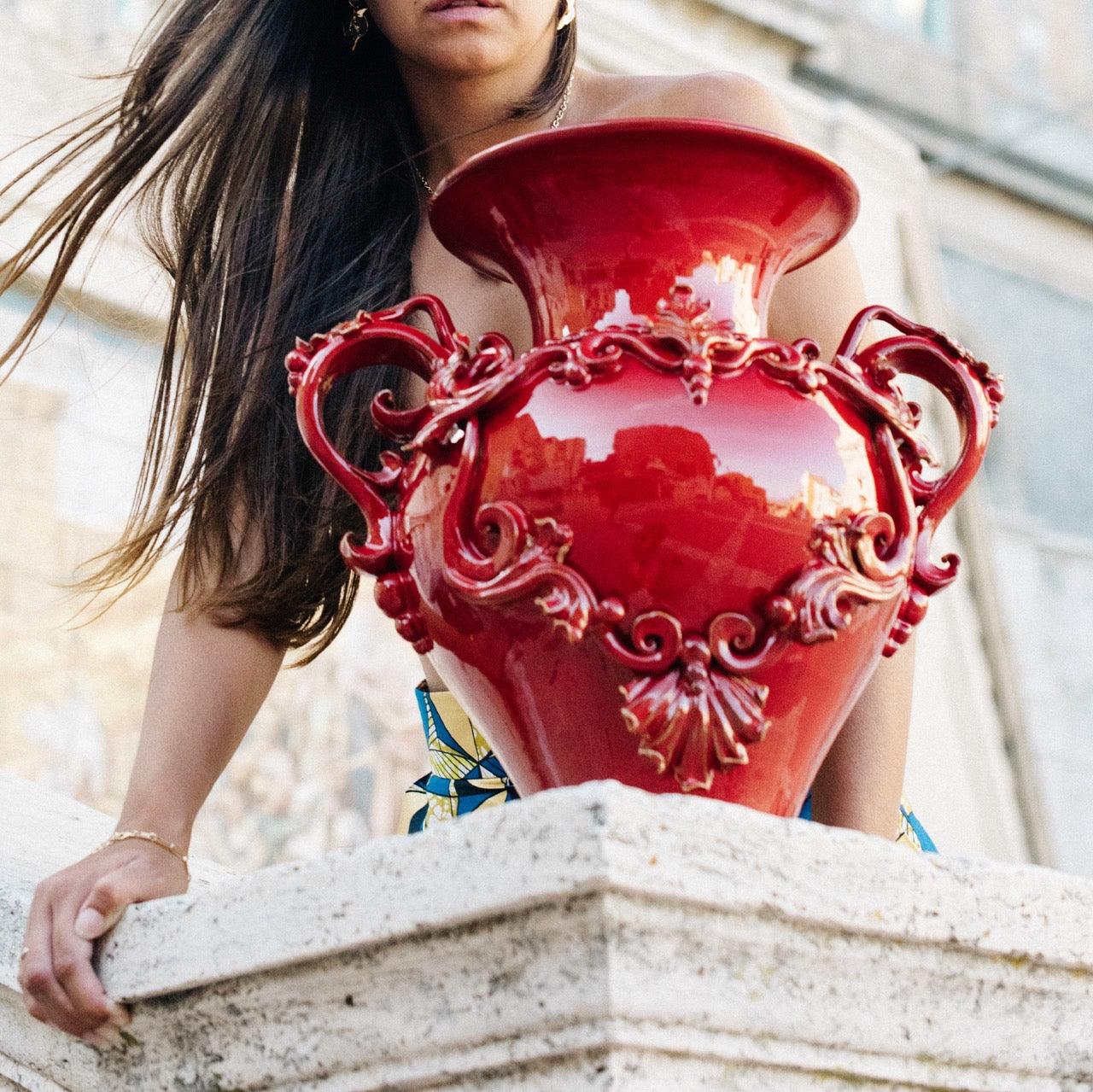 Vaso anfora h 40 c/greca rilievo Rosso Fuoco - Ceramica di Caltagirone Sofia - Ceramiche di Caltagirone Sofia